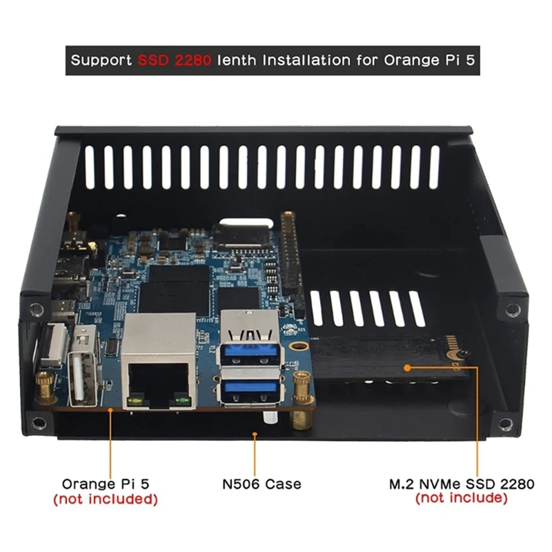 N506 Enclosure Metal Case for 5/5B Support M2 NVMe SSD 2280 with 5pcs Aluminum Heatsinks and Cooling Fan Box-A27I