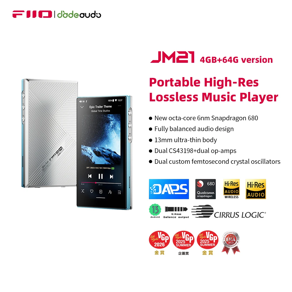FiiO JM21(3+32GB) Android 13 Hi-Res Music Player MP3 with Snapdragon 680, Bluetooth WiFi USB DAC 12.5H Playtime