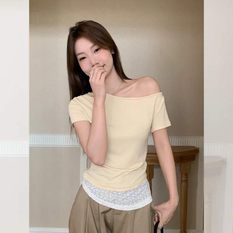 Yellow Fake Two-Piece Asymmetrical Shoulder Short Sleeve T-Shirt for Women Summer Lemon Sea Salt Outfit Lace Patchwork Slim Fit
