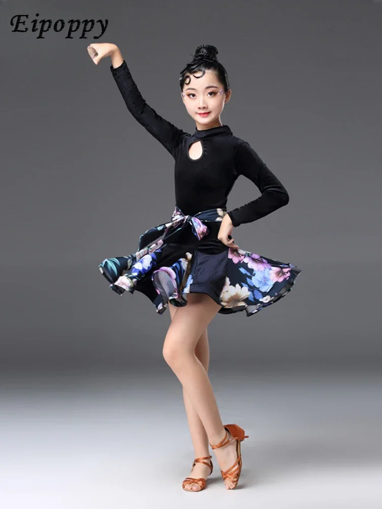 子供のラタンダンスウェア、透明な長袖のグレード、競技パフォーマンススカート