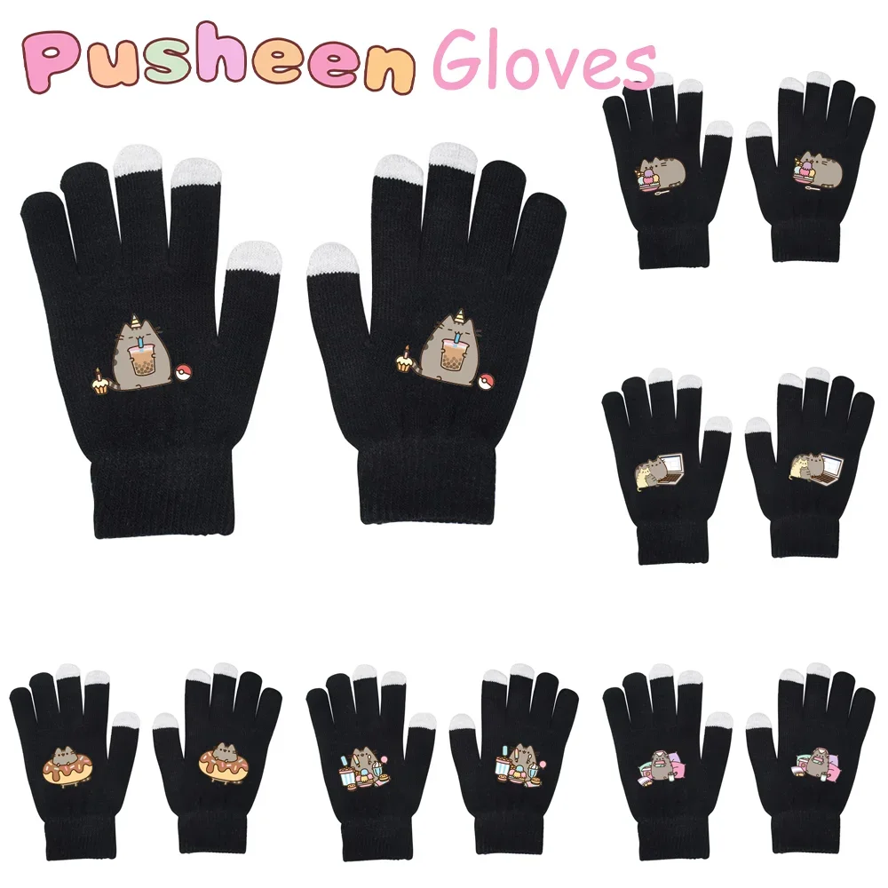 Kawaii Pusheen Kids Black Gloves Cartoon Anime Figures Fat Cats Keep Warm Knitted Touchscreen Glove Christmas Gifts Mittens