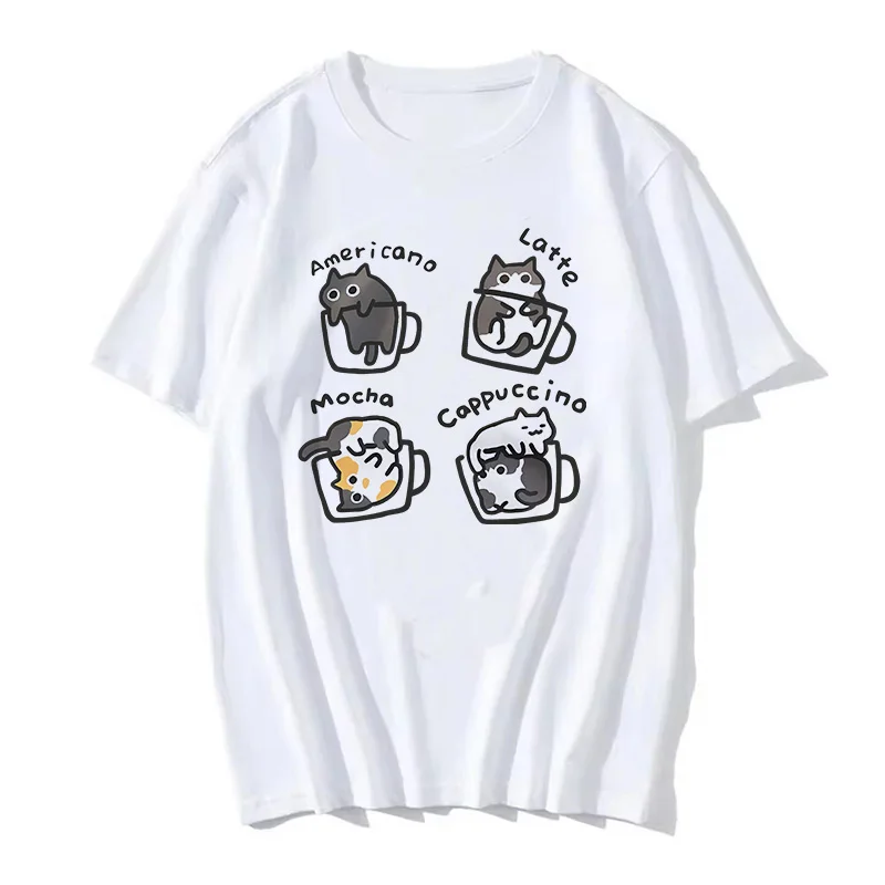 90s Women T Shirt Korean Version Cartoon Cat Group Printed T-Shirt Casual Short Sleeve Couples T-Shirt Funny Cat Streetwear image 2