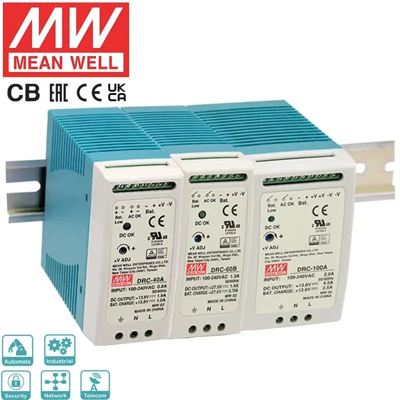 

Mean Well DRC-60A DRC-100B 40W 60W 100W AC to DC 13.8v 27.6v Din Rail MEANWELL Security Power Supply with Battery Charger UPS