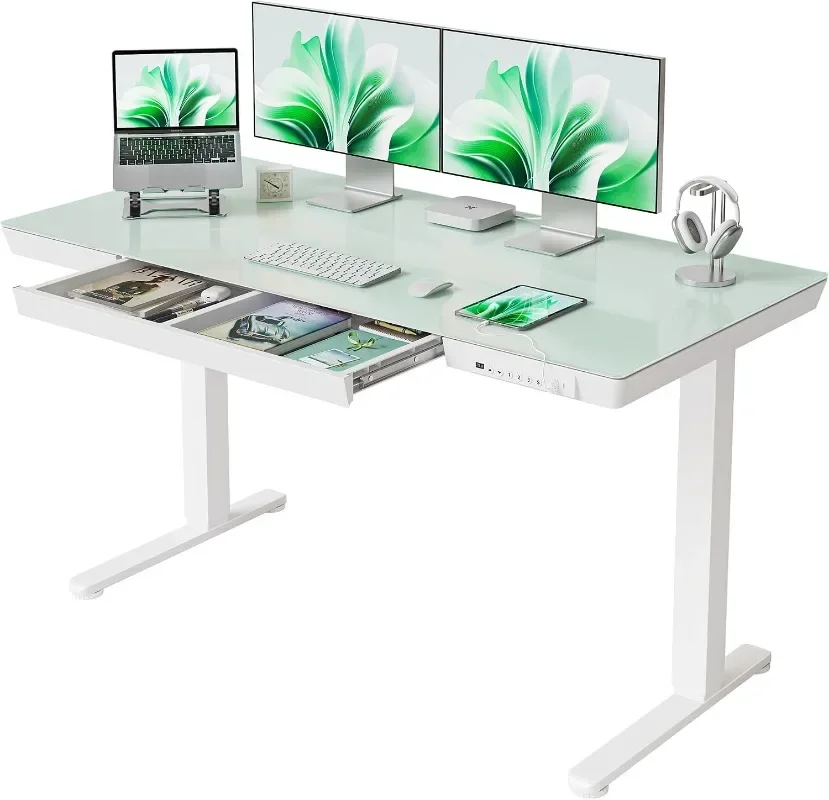 FEZIBO Electric Standing Desk with Drawers Whole-Piece Glass Adjustable Height Desk One-Piece Quick Install Adjustable Sit Stand