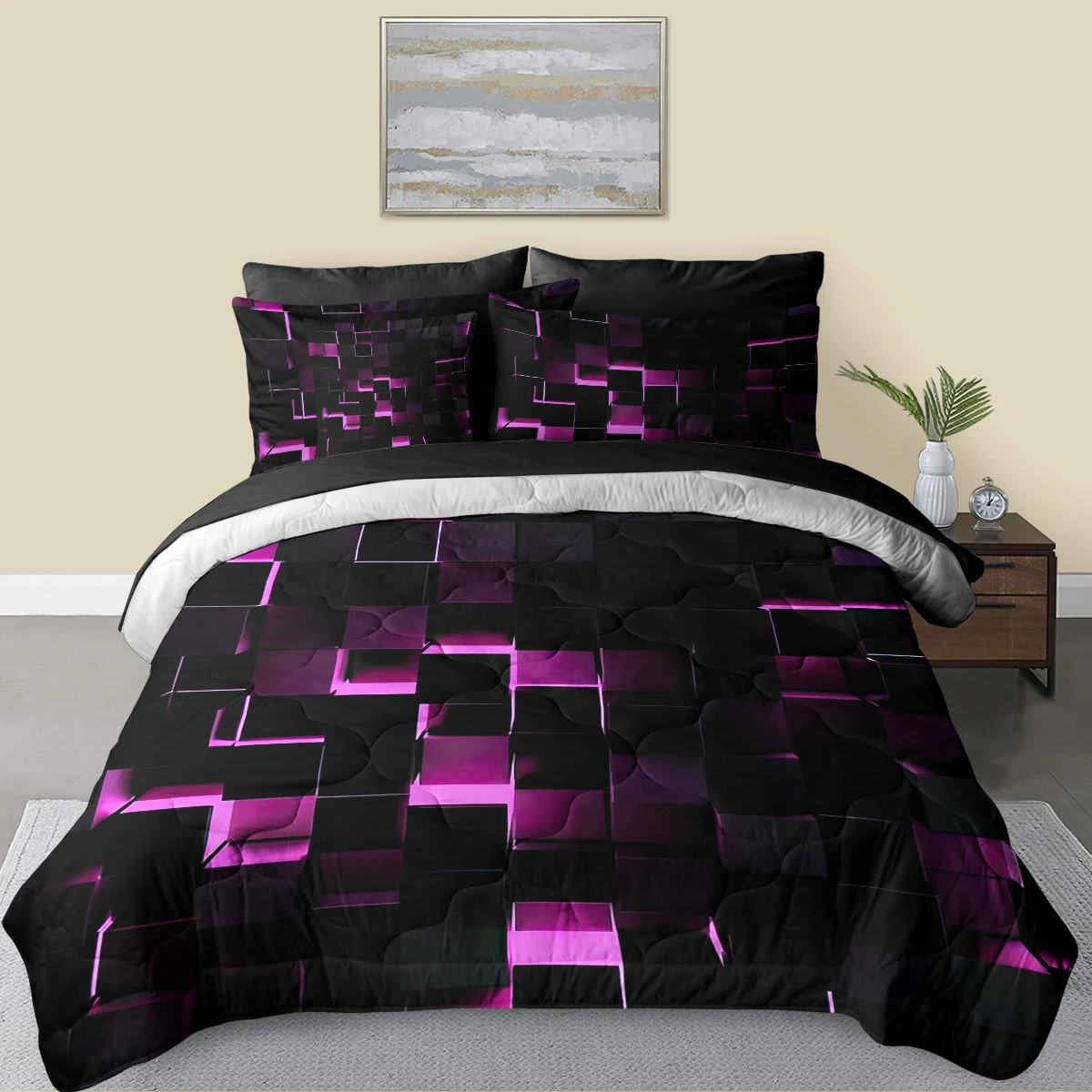 8 Piece Blocks with Purple Light Design Comforter Set with Black Flat Sheet Home Decor Suitable for All Seasons