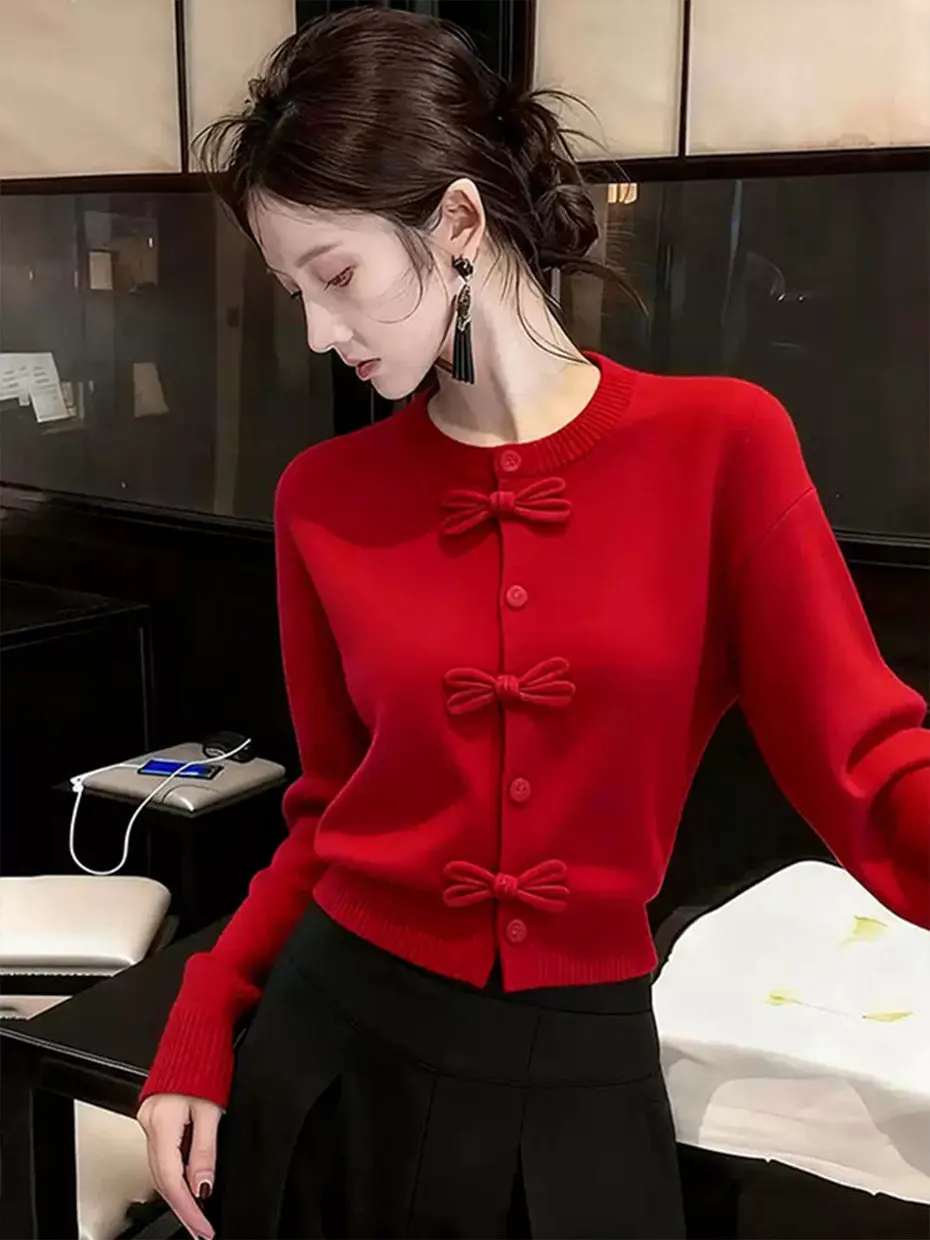 

Red Knitted Short Sweater Chinese Style Button Design Winter Fashion Women's Top for New Year Celebration And Daily Wear