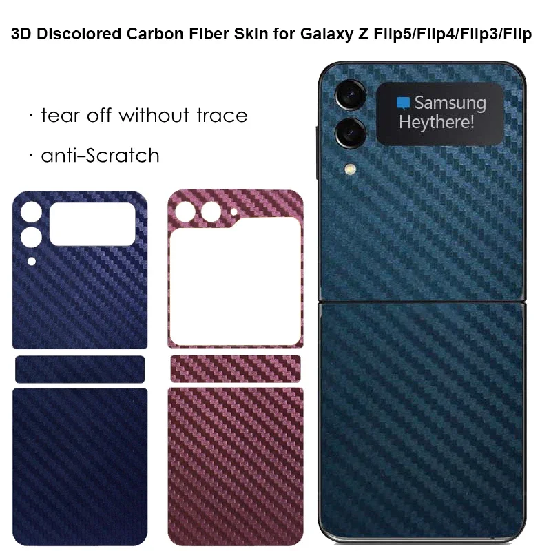 3D Discolored Carbon Fiber Anti-Scratch Phone Sticker For SAMSUNG Z Flip5 4 3 Back + Hinge Matte Film For Galaxy Z Flip6 5G Skin