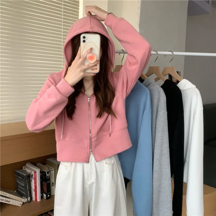 Spring Solid Color Hooded Coat Women Elegant Ladies Slim Zipper Hoodies High Waist Short Sweatshirt Crop Tops