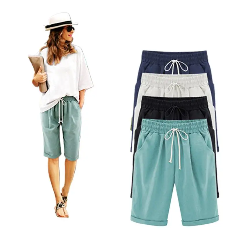 

Summer Fashion Cotton Linen Women's Pants Elastic High Waist with Drawstring Casual Loose Beach Trouser Holiday Shorts Plus Size