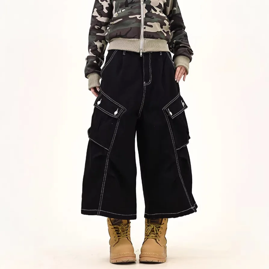 

Retro American Washed Multi-Pocket Workwear Denim Shorts Unisex Black Summer Street Loose Seven-Foot Trendy Jeans Cotton