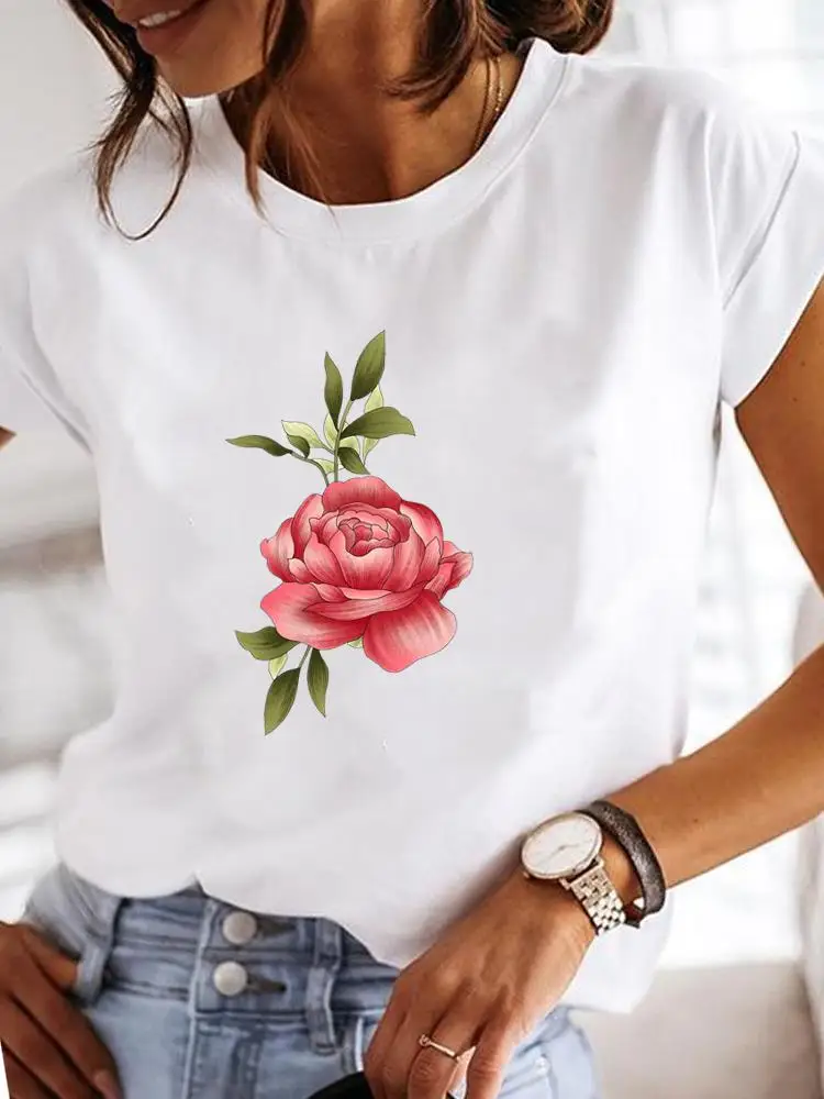 Camiseta de manga curta feminina, camisetas casuais femininas, roupas estampadas com flores, estilo doce, moda anos 90, camiseta gráfica para senhora, tendência de roupas