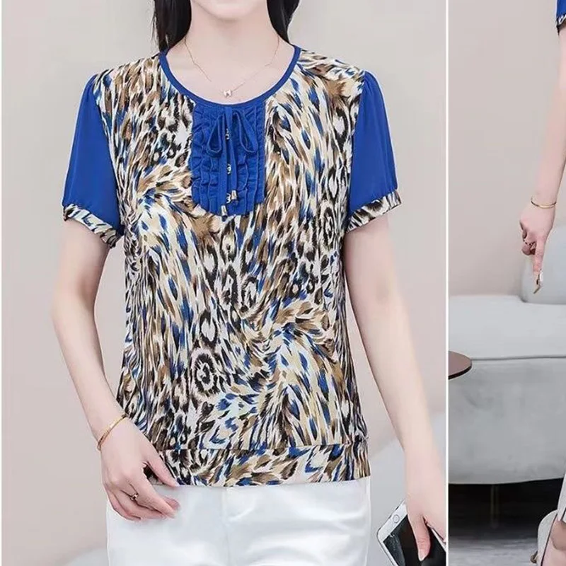 2023 New Summer Style Short Sleeved Lace Up Chiffon Top with Wooden Ear Edge Leopard/Floral Print Crew Neck Loose T-shirt Women