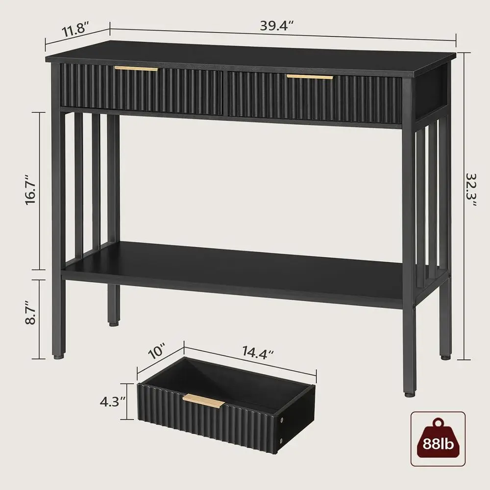 Black 2-Tier Fluted Console Table with Storage Shelf and Drawers for Entryway, Living Room, and Office, CTHB5101