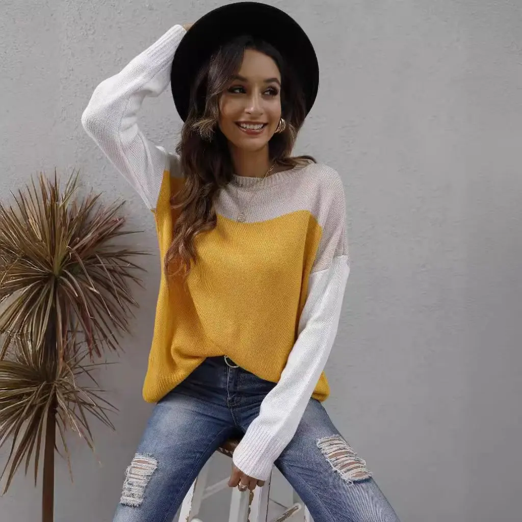 

Women's Contrast Color Stitching Loose Sweater Set European And American Style Autumn Winter Clothing M606