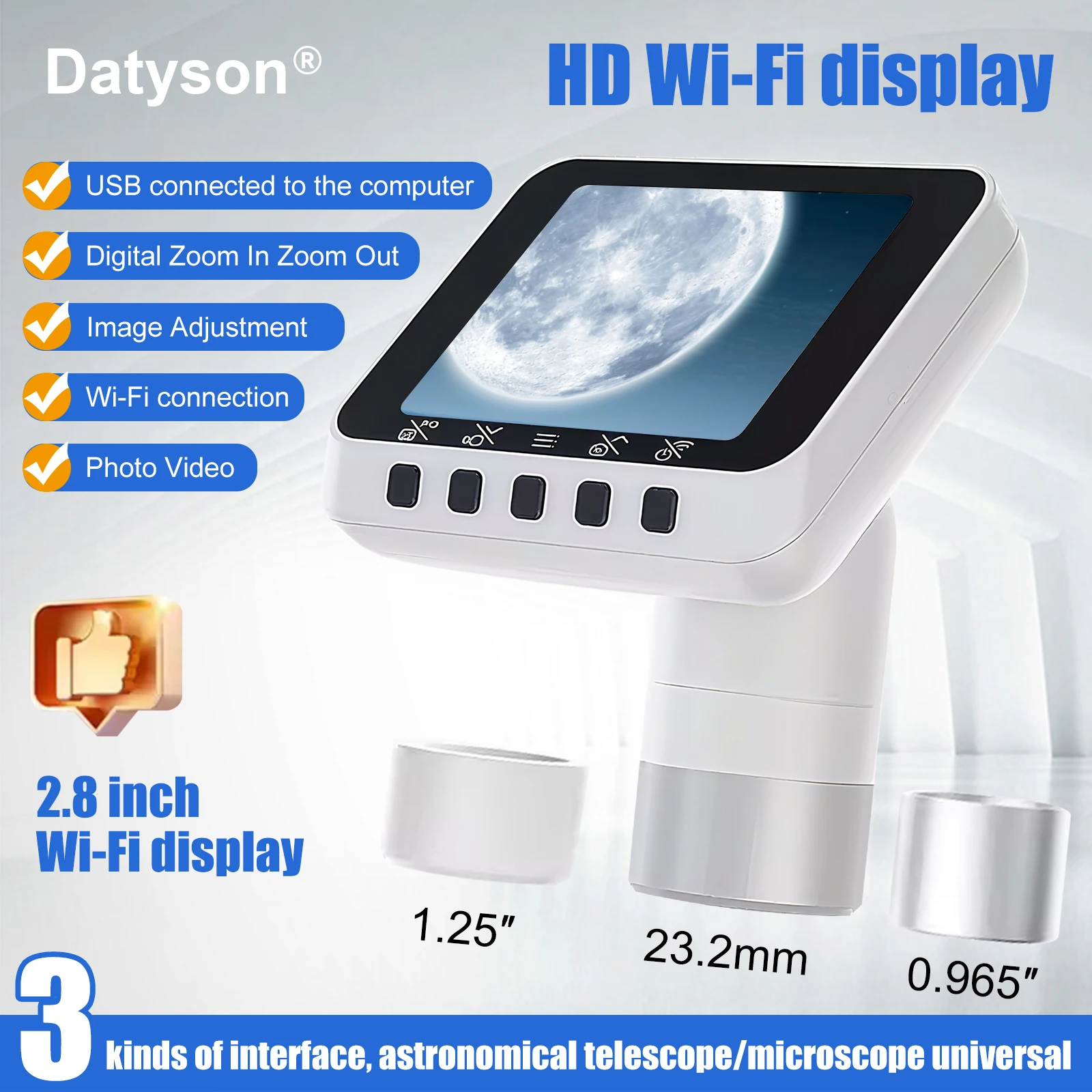 Datyson 2X0051A electronic eyepiece with 2.8-inch display screen, WIFI capability, and HD photo and video recording, compatible with Mobile Phones and Computers