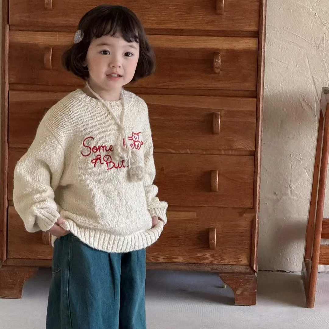 Girls Hook Flower Letter Sweater 2026 Autumn New Korean Children Clothing Baby Versatile Knitted Top