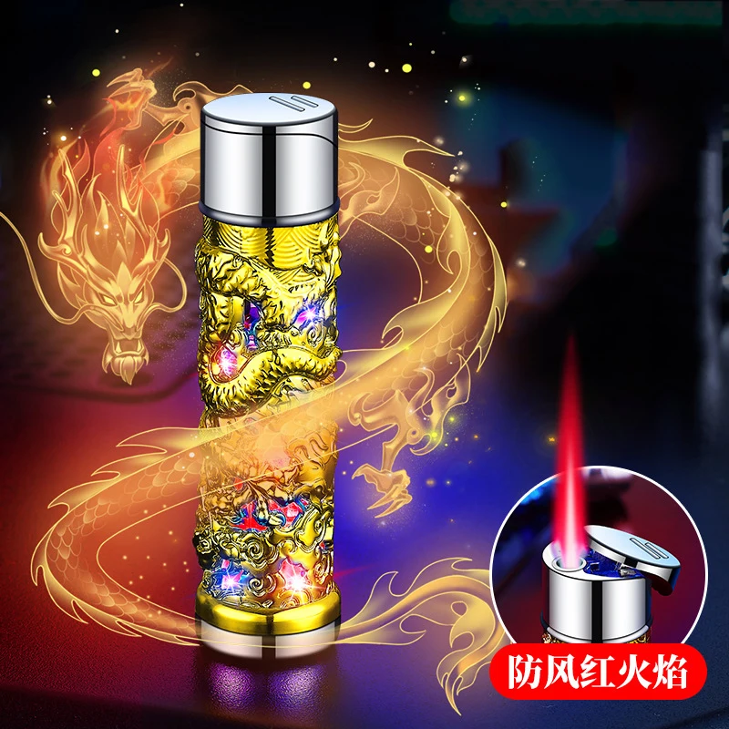 Cross border Panlong Colorful Flash Inflatable Windproof Lighter Personalized Relief Red Flame Direct Charge Men\'s Gift Lighter