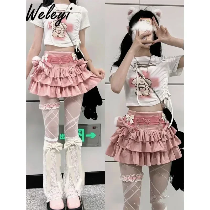 

Sexy Sweet Pink Bow Cake Skirt Female 2024 Spring New Korean Fashion Goth Women's High-waisted Slimming Puffy Skirts Clothes