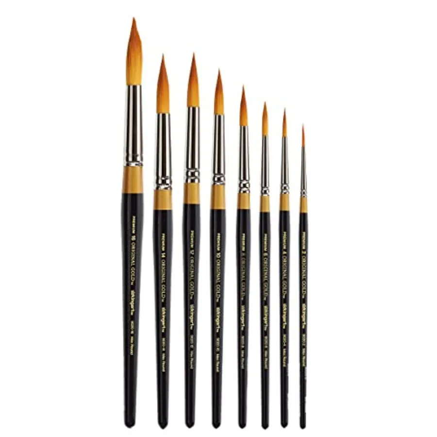 

Набор профессиональных кистей Original Gold 9020 Ultra Round Series Premium Golden Taklon для художников, 8 размеров: 2, 4, 6, 8, 10, 12, 14, 16
