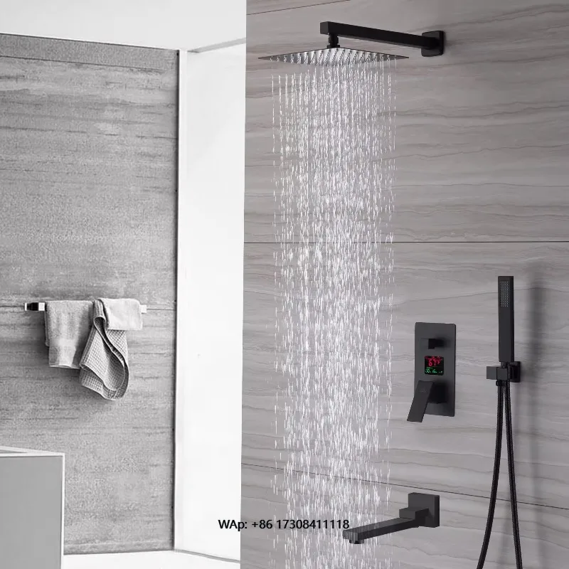 

Luxury Black Metal Shower Set Smart Bathroom Shower Set with Waterfall Faucet Light Emitting Diode