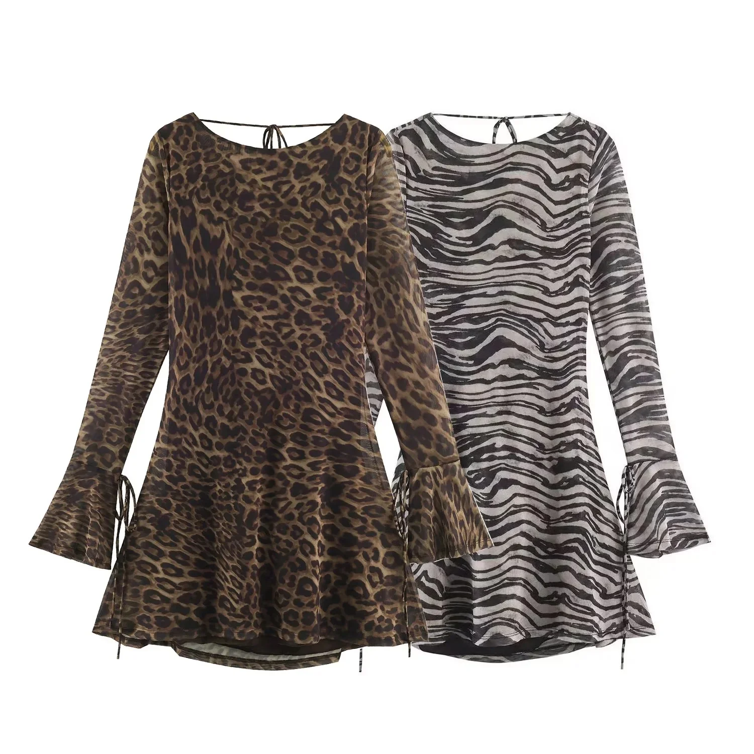 KONDALA Elegantes Vintage Sexy Damen Mini-Kleid Leopardenmuster Rückenfreies Langarm-Kleid mit Schnürung Mode 2026 Herbst Partykleid – Detail 2