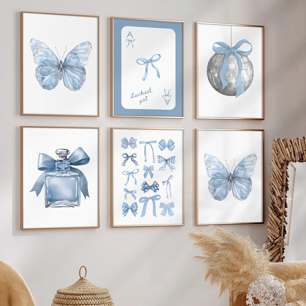 Bowknot Fashion Perfume Wall Art Balloon Puppy Canvas Painting Picture Trendy Blue Butterfly Poster Girl BedRoom Decoration