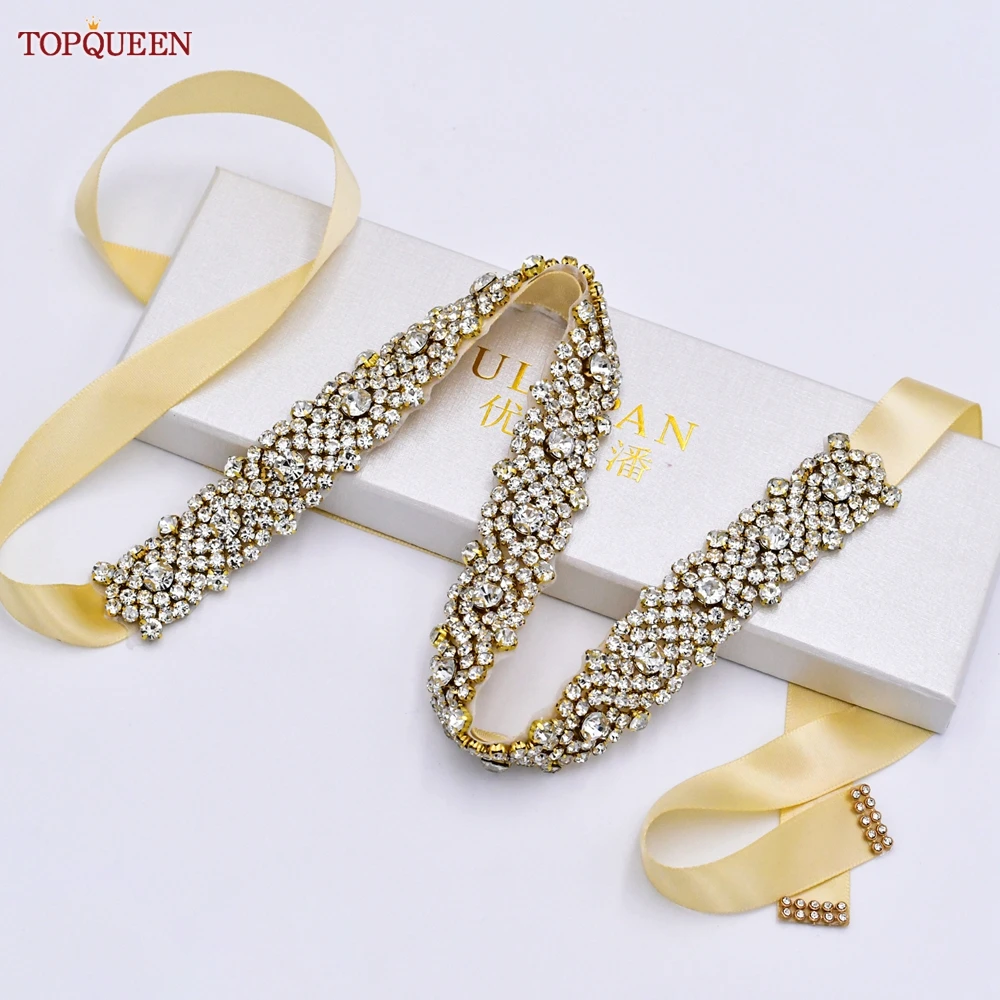 TOPQUEEN-Cinturón de boda de S28B-G para mujer, accesorios de vestido de noche con diamantes de imitación dorados, banda personalizada, venta al por mayor