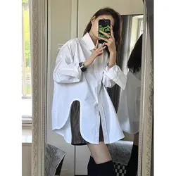 White Split Hem Asymmetrical Loose Blouse Spring New Long Sleeve Polo Neck High Street Shirt Tops Fashion Casual Women Clothing