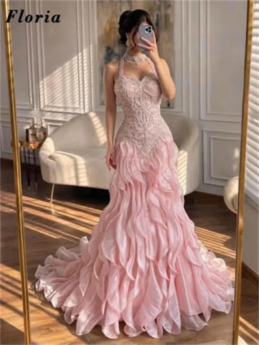 

Newest Pink Mermaid Evening Dresses Tiered Skirt Cocktail Beading Prom Dress Vestidos De Gala Engagement Party Gowns Customized