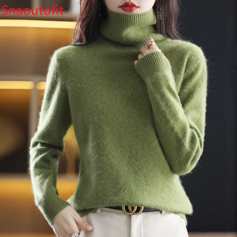 100% Cashmere Sweater for Women, High Lapel, Knitted Pullover, Large Size, Loose Basics, Warm Top, Autumn and Winter, New, 2024