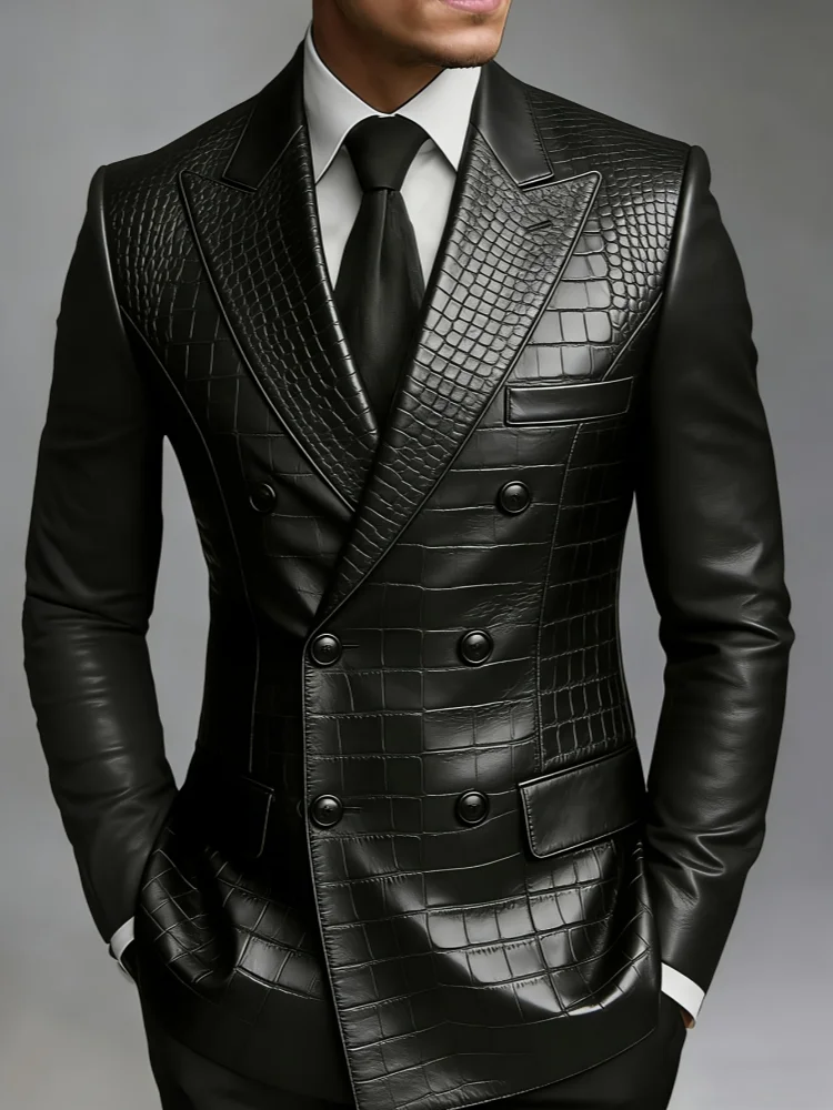Men Slim‑Fit Full Croc Texture Blazer with Peak‑Lapel for Night Club Stage Wedding Events