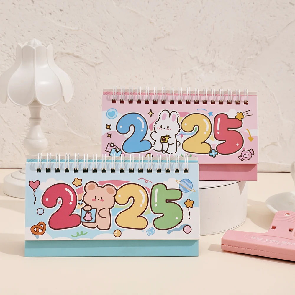 1 pc 2025 Cute Cartoon Monthly Desk Calendar Standing Flip Coil Desktop Calendar With Notes Memo For Planning Schedule School