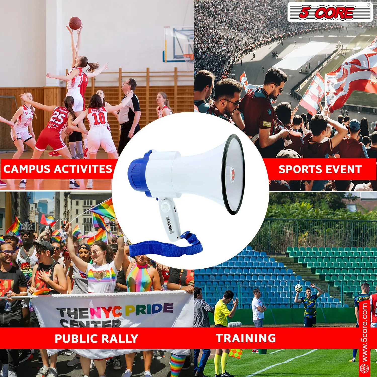 Megaphone Bull Horn 30W Loud Speaker 800 Yards Range Rechargeable Portable USB Bullhorn w Recording Volume Control Siren Noise