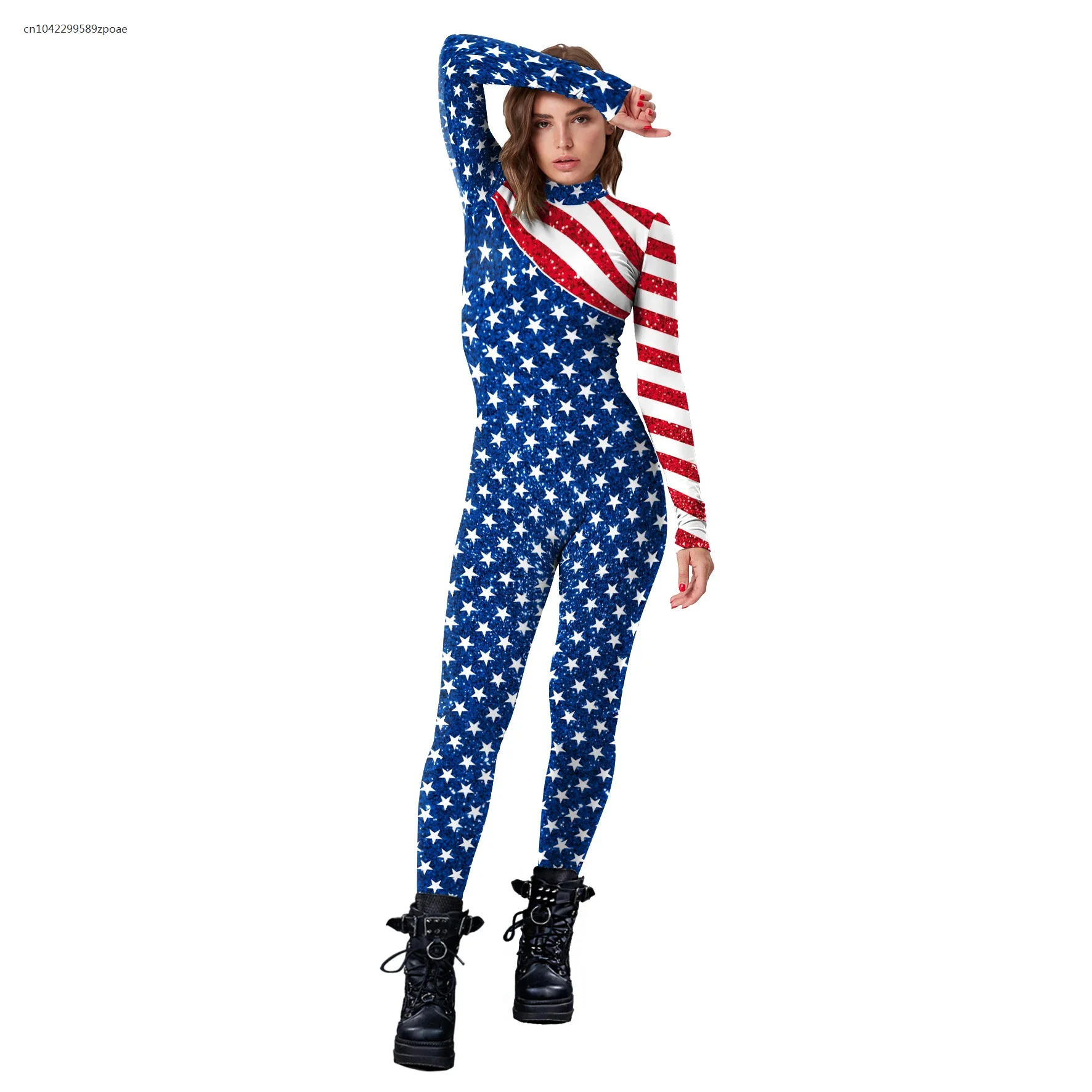

Womens Slim Bodysuits Tie-dye Printed Ladies Romper Long leeves Independence Day Party Jumpsuit Streetwear 2025