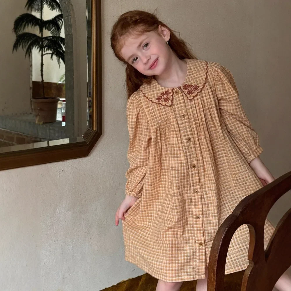 

Girls Skirt 2025 Autumn and Winter New Children's Clothing Girls Baby Plaid Embroidery Lapel Dress Casual Simple All Match