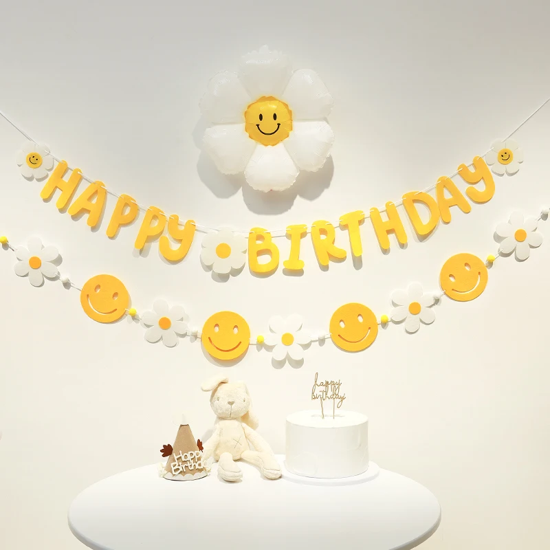 INS Kids Baby Shower Decorations White Daisy Flower Smile Garland Non Woven Bear Flag Balloon Happy Birthday Banner