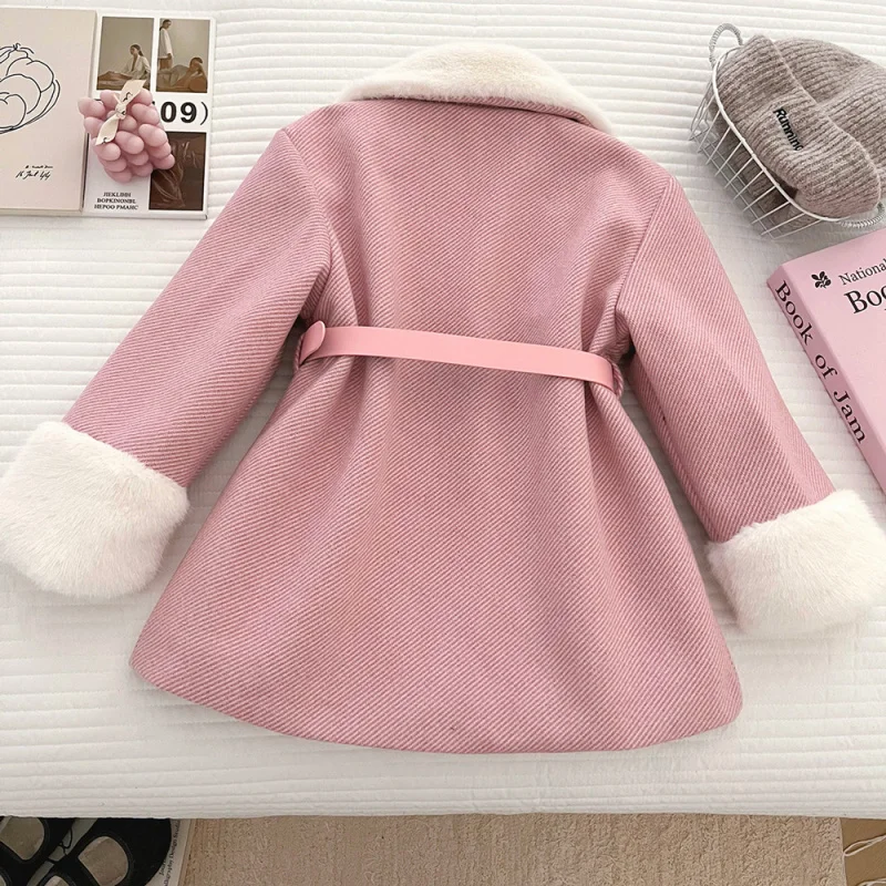 Girls' Autumn and Winter New Fleece-Lined Waist-Cinching Warm Fur Collar Coat