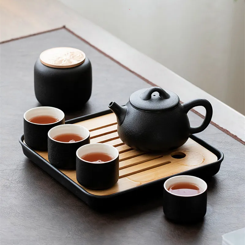 Portable Black Pottery Travel Kung Fu Tea Set Simple Water Storage Dry Brewing Table Home Complete Set of Tea Brewer with Gifts