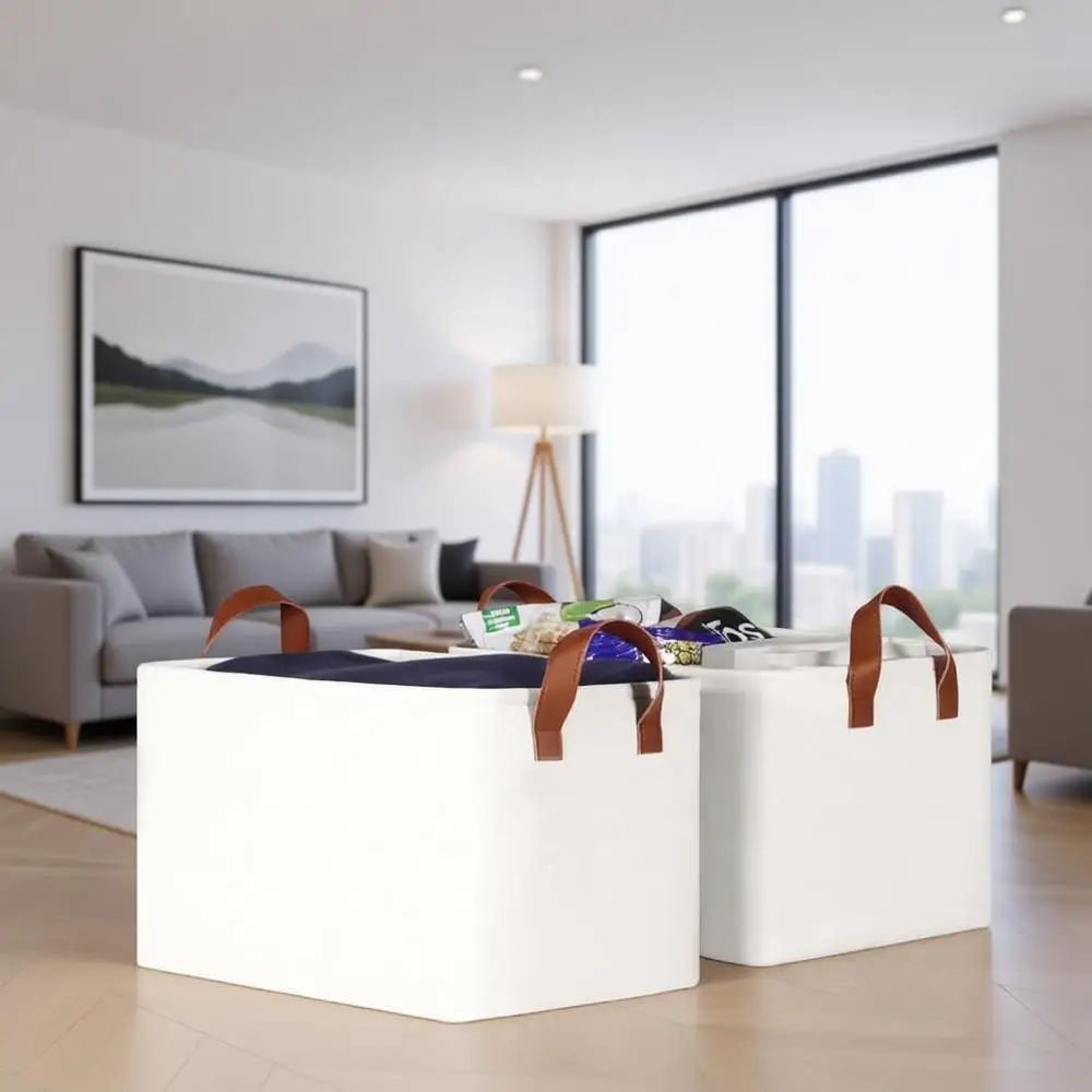 

Белые тканевые корзины для хранения с кожаными ручками, набор из 4 штук, для организации шкафов и полок, 15 длиной х 11 шириной х 10 высотой