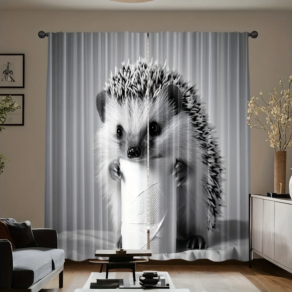 2pcs, Curtains Hedgehog Machine Washable (without Rod,No Movement, No Battery) All Seasons Ldeal for Living Room & Bedroom Decor