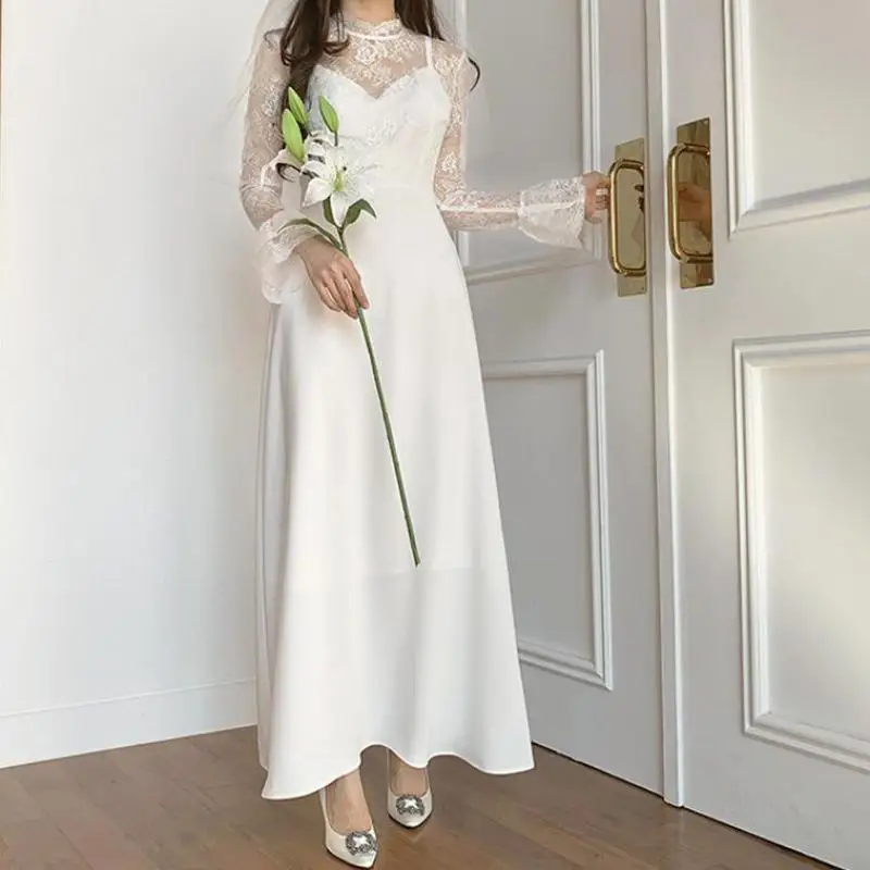 Newest Wedding Dresses With Lace Long Sleeve Elegant Ankle-length A-line Bridal Dress Simple Formal Evening Dress Customized