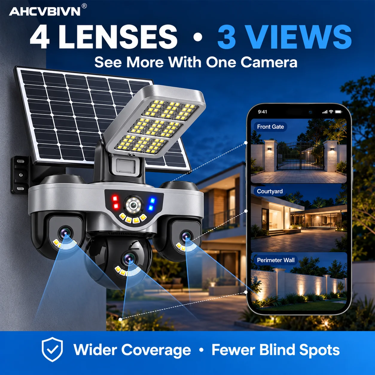 15MP AOV 4G Sim Card Three Lens Three Screen Solar CCTV PTZ Outdoor PIR Detection IP Camera Siren Solar Powered CCTV Solar Light