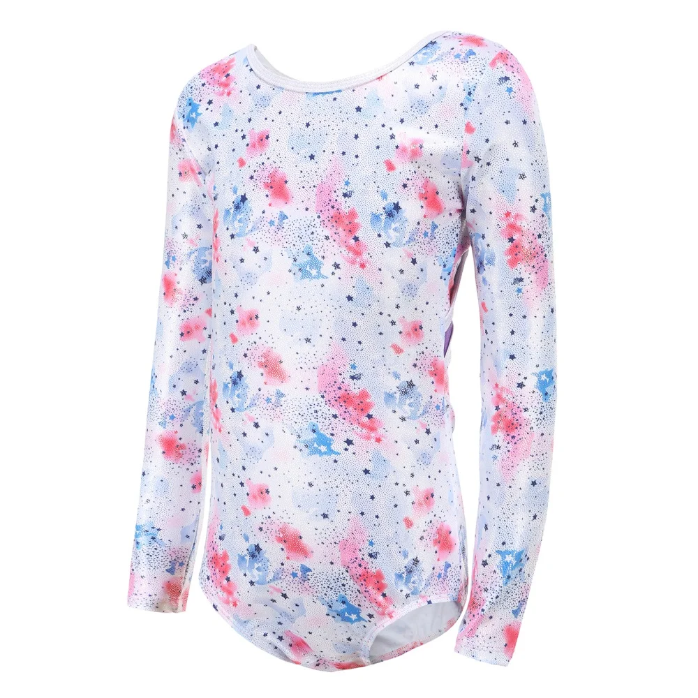 Children Girls Long Sleeve Ballet Leotard  Stars Pritned Tank Dancewear 5-12 Years Back Hollow Out Jumpsuits Stage Costume