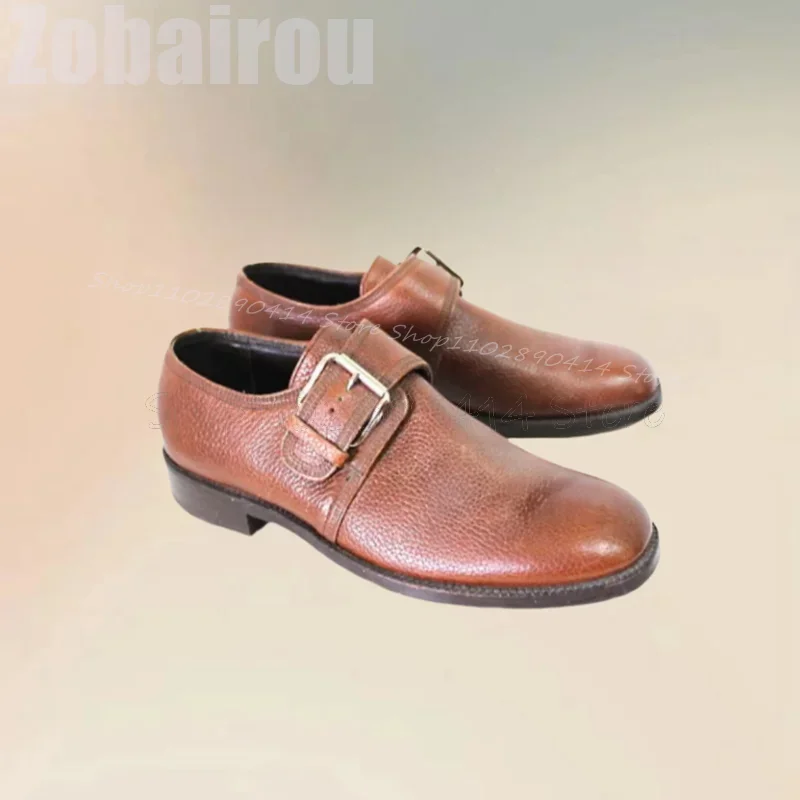 

Brown Lychee Print Buckle Decor Matte Leather Loafers Fashion Slip On Men Shoes Luxurious Handmade Party Office Men Dress Shoes