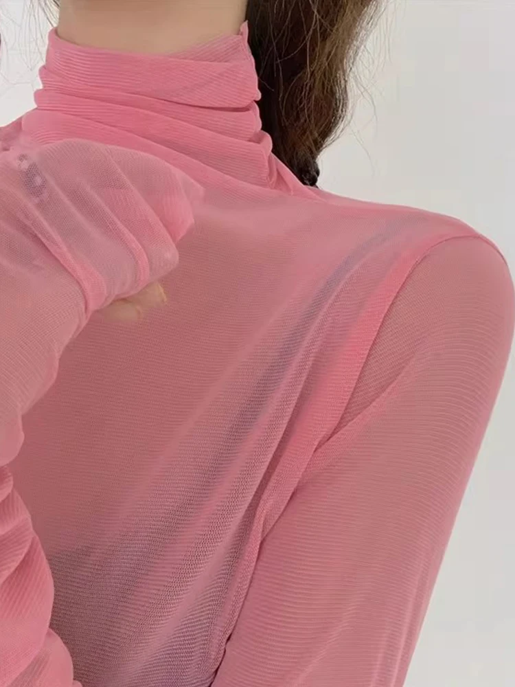 Pink Transparent Ice Silk Long Sleeve Base Shirt Women's Summer Wear Underwear Mesh UV Protection Cover up Korean Style T-shirt