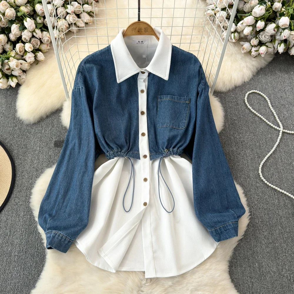 TWOTWINSTYLE Colorblock Spliced Denim Chic Blouse For Women Lapel Long Sleeve Patchwork Single Breasted Shirts Female KBL524897