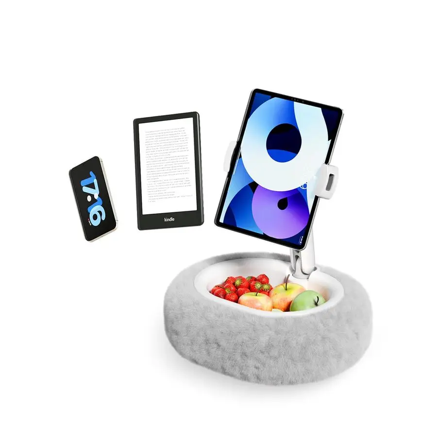 

Pillow Stand Soft Grey Fuzzy Tablet Holder with Storage Bowl, HandsFree Lap Stand for Bed, Couch Compatible with Kindle, iPad, P