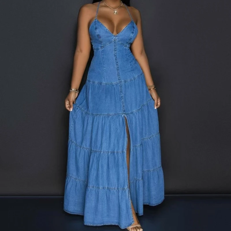 Mulheres com decote em v halter elegante denim vestido longo cintura alta ruched férias sexy festa noite streetwear em camadas maxi vestidos 2025