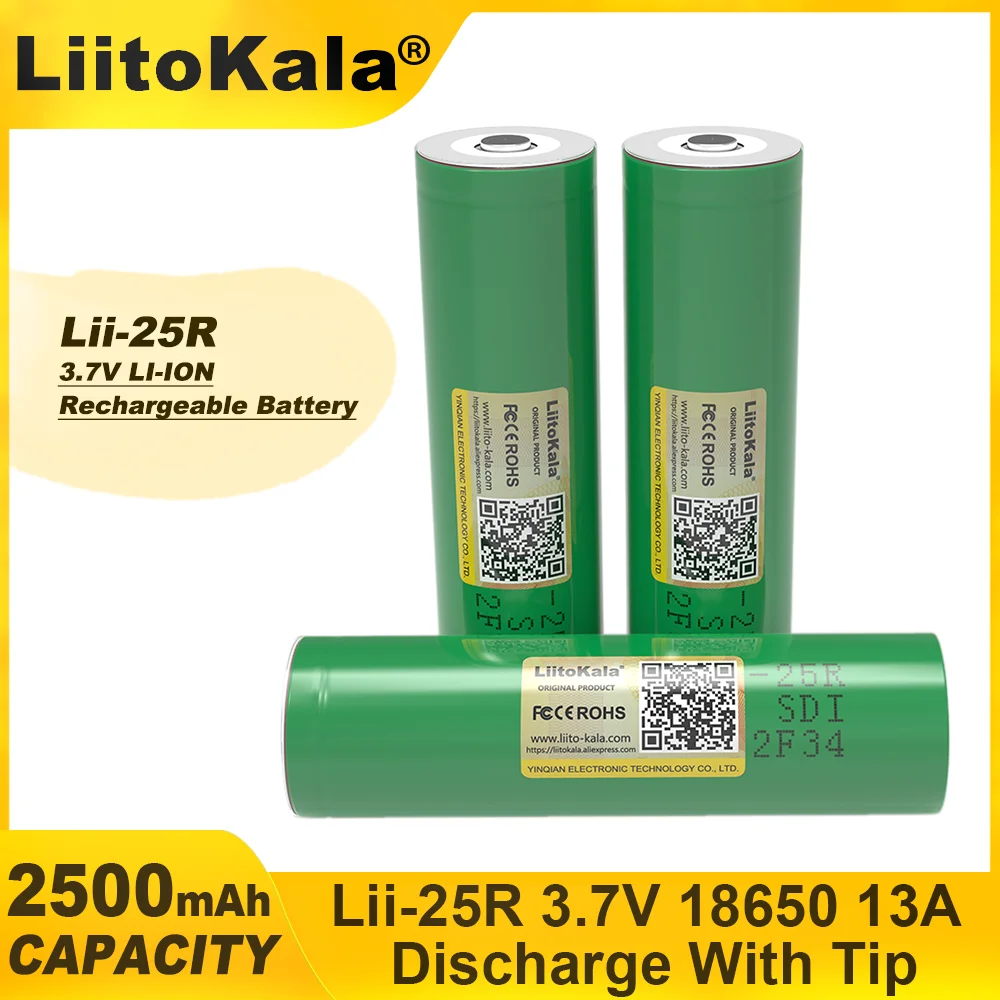 LiitoKala Rechargeable Lithium Battery, High Capacity Nickel Battery, DIY, Lii-25R, 18650, 3.7 V, 2500mAh pointed