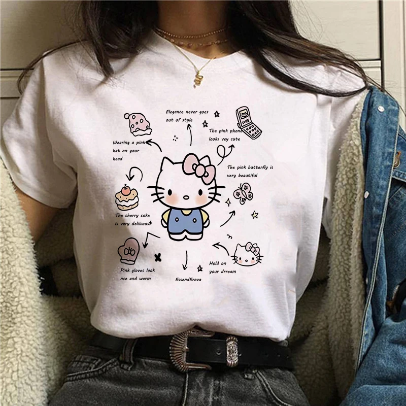 Fashion 90s Cute Kawaii Manga Y2k Japanese Anime Hello Kitty T Shirt Women T-shirt Sanrio Clothes Tshirt Short Sleeve Tops Tee